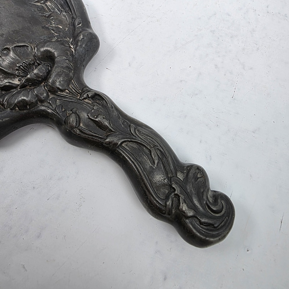 Vintage Art Nouveau Repousse Handheld Mirror Bevelled Glass 10" x 5.5" - Picture 10 of 11